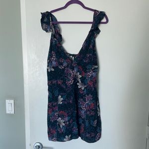 Free People Linen Floral Purple & Blue Open Back Tie Ruffle Mini Dress Medium